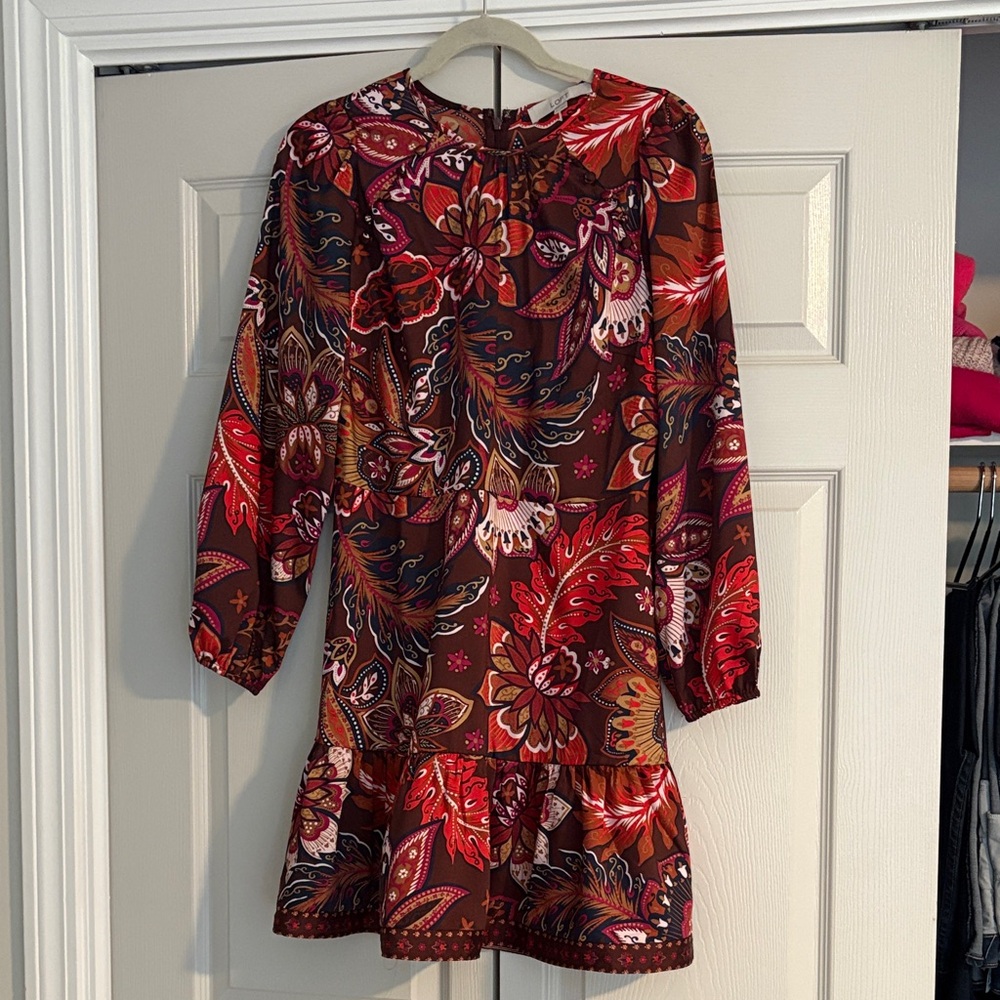 LOFT Red and Brown Floral Long Sleeve Dress